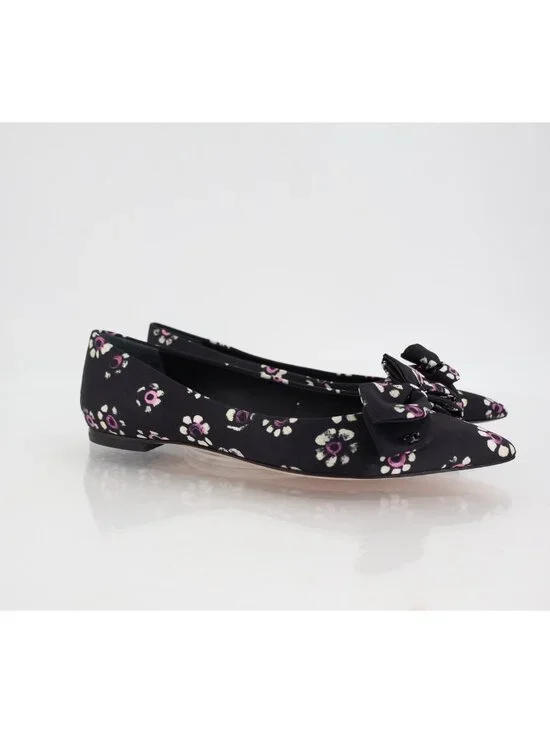 Tory Burch Rosalind Ballet Flats Women's Size 5 Black Floral Satin Bow Pointed - Picture 1 of 8